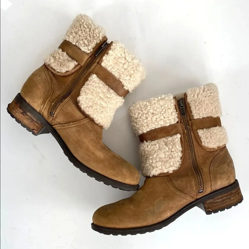 UGG Blayre II Boots Women's Tan Suede Cream Shearling Buckle Sz 9.5 Boho Western
